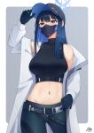  1girl adjusting_clothes adjusting_headwear arm_up bare_shoulders baseball_cap belt black_belt black_headwear blue_archive blue_eyes blue_gloves blue_hair blue_pants breasts coat commentary_request cowboy_shot crop_top gloves hat highres large_breasts leggings long_hair long_sleeves looking_at_viewer mask midriff mouth_mask navel off_shoulder open_clothes open_coat pants saori_(blue_archive) solo standing stomach thighs white_coat xsan_vanny 