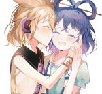  2girls absurdres black_sailor_collar blonde_hair blue_dress blue_hair blush bracer closed_eyes closed_mouth commentary_request dress earmuffs flat_chest hair_between_eyes hair_ornament hair_rings hair_stick hand_on_another&#039;s_cheek hand_on_another&#039;s_face highres j_(ppxx3543) kaku_seiga long_bangs multiple_girls neck_ribbon open_clothes open_mouth open_vest pointy_hair purple_ribbon ribbon sailor_collar shirt short_hair simple_background sleeveless sleeveless_shirt smile touhou toyosatomimi_no_miko upper_body vest white_background white_shirt white_vest yuri 