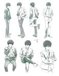  1boy absurdres artist_logo black_jacket black_pants brown_pants buttons commentary_request cropped_legs crossed_arms foot_up full_body gakuran highres hyouka invisible_chair jacket long_sleeves looking_at_viewer mery_(yangmalgage) multiple_views open_clothes open_jacket oreki_houtarou pants school_uniform shoes short_hair sitting standing translation_request unbuttoned_jacket 