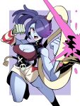  blue_skin breasts cleavage cleavage_cutout clothing_cutout colored_skin detached_sleeves feet_out_of_frame highres leviathan_(skullgirls) looking_at_viewer open_mouth punching red_eyes shorts side_ponytail skullgirls squigly_(skullgirls) striped_sleeves teeth upper_teeth_only user_hhpf8775 