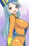  1girl :d blue_hair blue_headwear bodysuit breasts colored_eyelashes dragon_quest dragon_quest_iii eyelashes from_side gloves hat highres large_breasts light_blue_hair looking_at_viewer mitre muramasa_mikado open_mouth orange_bodysuit pink_lips priest_(dq3) red_eyes smile solo straight_hair yellow_gloves 