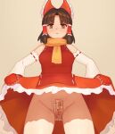  1girl absurdres benikurage_(cookie) blunt_bangs blush bow breasts brown_bag brown_eyes brown_hair clothes_lift commentary_request cookie_(touhou) cowboy_shot detached_sleeves dinoswift dress dress_lift frilled_bow frilled_hair_tubes frills hair_bow hair_tubes hakurei_reimu highres looking_at_viewer maebari medium_bangs medium_breasts medium_hair necktie ofuda ofuda_on_pussy orange_scarf parted_bangs parted_lips red_bow red_dress red_mittens ribbon-trimmed_sleeves ribbon_trim scarf sidelocks simple_background sleeveless sleeveless_dress solo touhou white_sleeves yellow_necktie 