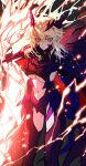  1girl absurdres armor artoria_pendragon_(fate) artoria_pendragon_(lancer_alter)_(fate) blonde_hair breasts cape clothing_cutout dark_rhongomyniad fate/grand_order fate_(series) glowing glowing_weapon highres large_breasts pauldrons shoulder_armor stomach_cutout underboob weapon yellow_eyes youling_keke 