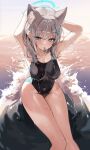  1girl adjusting_hair animal_ear_fluff animal_ears armpits bare_arms bare_legs bare_shoulders black_one-piece_swimsuit blue_archive blue_eyes blue_halo blush breasts closed_mouth collarbone competition_swimsuit cross_hair_ornament feet_out_of_frame grey_hair hailiu hair_between_eyes hair_ornament halo highres looking_at_viewer medium_breasts medium_hair mouth_hold ocean official_alternate_costume one-piece_swimsuit outdoors shiroko_(blue_archive) shiroko_(swimsuit)_(blue_archive) solo swimsuit water wolf_ears 