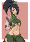  1girl akali arm_tattoo artist_name bare_shoulders black_hair border breasts clothing_cutout crop_top grabbing_own_breast green_pants hayashidraws highres league_of_legends medium_breasts midriff navel ninja pants parted_lips ponytail purple_nails red_eyes red_lips signature solo stomach tattoo thigh_cutout white_border 