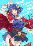  1girl absurdres ahoge blue_eyes blue_hair breasts cape crescent crescent_hair_ornament hair_ornament highres looking_at_viewer mario_kaneda open_mouth panties pointy_ears red_cape rena_lanford short_hair skirt smile solo star_ocean star_ocean_the_second_story underwear white_panties 