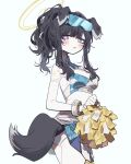  1girl 3j_dangan animal_ears black_hair blue_archive blue_eyes blush breasts cheerleader criss-cross_halter crop_top detached_collar dog_ears dog_tail from_behind halterneck hibiki_(blue_archive) hibiki_(cheerleader)_(blue_archive) highres holding holding_pom_poms long_hair looking_back medium_breasts millennium_cheerleader_outfit_(blue_archive) miniskirt panties parted_lips pleated_skirt pom_pom_(cheerleading) ponytail sidelocks simple_background skirt solo star_sticker tail underwear white_background white_panties yellow_halo 