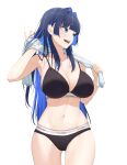  1girl bangom_r black_bra black_hair black_panties blue_eyes blue_hair bra breasts calvin_klein cleavage colored_inner_hair cowboy_shot hair_intakes highres holding holding_towel hololive hololive_english large_breasts long_hair looking_to_the_side multicolored_hair navel open_mouth ouro_kronii panties simple_background solo stomach towel towel_around_neck two-tone_hair underwear very_long_hair virtual_youtuber white_background 