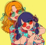 2girls black_hair blue_nails blue_ribbon blue_shirt blush bow breasts brown_hair dot_nose earrings fangs fukumaru_koito hair_bow hair_ribbon hand_grab heart heart-shaped_eyewear highres ichikawa_hinana idolmaster idolmaster_shiny_colors jewelry large_breasts long_hair looking_at_viewer multiple_girls nuime open_mouth parted_bangs print_shirt red_ribbon red_shirt ribbon shirt short_sleeves simple_background skin_fangs small_breasts smile sunglasses twintails upper_body watch wristwatch yellow_background 