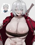  1girl abs absurdres blush breasts chest_belt coat dante_(devil_may_cry) devil_may_cry_(series) devil_may_cry_3 genderswap genderswap_(mtf) highres jacket kurenaiz1 large_breasts looking_at_viewer open_mouth red_coat red_jacket short_hair simple_background smile spiked_hair twitter_username vergil_(devil_may_cry) weapon weapon_on_back white_background white_hair 