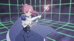  1girl anime_coloring breasts cape closed_mouth elbow_gloves gloves hair_ribbon highres holding holding_staff kaien_advance long_hair looking_at_viewer millie_chliette official_style pink_eyes pink_hair pointy_ears ponytail ribbon solo staff star_ocean star_ocean_first_departure weapon white_gloves 