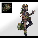  1girl armor bag black_bag black_gloves breasts dark-skinned_female dark_skin explosher_(splatoon) fingerless_gloves full_body gloves goggles green_shorts headgear headphones headset highres holding jewelry letterboxed orange_eyes personification reference_inset shoes short_hair short_shorts shorts shoulder_armor sido_(slipknot) simple_background single_leg_pantyhose solo splatoon_(series) sports_bra suspenders thigh_strap white_sports_bra 