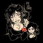  absurdres artist_name ashley_graves black_background black_hair blood breasts choker cleavage food highres looking_at_viewer meat open_mouth pink_eyes rawmune speech_bubble teeth the_coffin_of_andy_and_leyley 