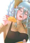  1girl :d alternate_costume apron black_apron blue_hair blue_nails blush breasts brown_sweater chopsticks cipher4109 crossed_bangs dragon_girl fangs fate/grand_order fate_(series) feeding hair_between_eyes head_tilt highres holding holding_plate horns large_breasts larva_tiamat_(fate) long_braid long_hair looking_at_viewer nail_polish plate pointy_ears red_eyes ribbed_sweater short_eyebrows smile solo sweater symbol-shaped_pupils tiamat_(fate) turtleneck turtleneck_sweater upper_body x_x 