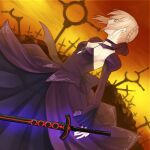  1girl artoria_pendragon_(fate) black_dress blonde_hair circle dress fate/grand_order fate_(series) floating floating_object floating_weapon glowing glowing_sword glowing_weapon gothic hair_bun highres looking_to_the_side orange_eyes orange_sky planted planted_sword saber_alter shi_o_musubi sky solo sword weapon 