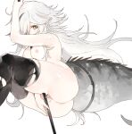  1girl arknights arm_up bar_censor between_legs black_thighhighs breasts censored crocodilian_tail dal-gi feet_out_of_frame highres holding holding_staff long_hair looking_at_viewer medium_breasts nipples nude pointy_ears pussy simple_background solo staff tail tail_strap thighhighs thighs tomimi_(arknights) torn_clothes torn_thighhighs very_long_hair white_background white_hair yellow_eyes 