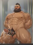  1boy abs absurdres ambessa&#039;s_lieutenant_(league_of_legends) anal arcane:_league_of_legends arms_behind_back bara beard black_hair chest_hair cum dildo dildo_riding earrings ejaculation erection facial_hair highres jewelry kneeling league_of_legends male_focus male_pubic_hair mustache navel nipples object_insertion penis pubic_hair sex_toy short_hair solo testicles tevit_(tevit15) thick_thighs thighs 