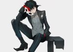 1boy amamiya_ren black_coat black_eyes black_footwear black_hair black_pants closed_mouth coat gloves grey_background hand_in_pocket high_collar highres holding holding_mask invisible_chair long_sleeves male_focus mask open_clothes open_coat pants persona persona_5 red_gloves simple_background sitting solo white_mask wl8tca 