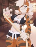  anthro arcanine athletic athletic_tape big_breasts bottomwear bra breasts clothing el female generation_1_pokemon generation_7_pokemon hair hair_over_eye hi_res hotpants hybrid lycanroc midnight_lycanroc midriff nintendo one_eye_obstructed photo_background photography_(artwork) pokemon pokemon_(species) portrait shorts skwidbone solo sports_bra thick_thighs three-quarter_portrait underwear 