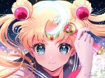  1girl bishoujo_senshi_sailor_moon blonde_hair blue_eyes blue_sailor_collar bow bowtie choker circlet crescent double_bun hair_bun highres koharumichi long_hair moon_stick parted_bangs red_bow red_bowtie red_choker sailor_collar sailor_moon shirt solo tsukino_usagi twintails very_long_hair white_shirt 