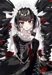  1girl :o black_hair black_jacket black_nails blunt_bangs celestia_ludenberg cowboy_shot danganronpa:_trigger_happy_havoc danganronpa_(series) drill_hair earrings flower frilled_jacket frills hanada_isuzu hand_on_own_cheek hand_on_own_face hand_up headdress highres jacket jewelry lace-trimmed_skirt lace_trim long_hair long_sleeves looking_at_viewer lower_teeth_only nail_polish necktie petals print_necktie red_eyes red_flower red_necktie red_rose rose skirt solo teeth twin_drills twintails white_background 