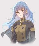  1girl alternate_hairstyle bags_under_eyes black_cape blue_hair breasts brown_eyes buttons cape fire_emblem fire_emblem:_three_houses floating_hair garreg_mach_monastery_uniform grey_background highres long_hair long_sleeves looking_at_viewer marianne_von_edmund medium_breasts simple_background solo twitter_username uniform wavy_hair yutohiroya 