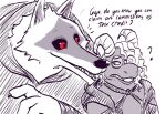  anthro canid canine canis clothed clothing death_(puss_in_boots) dreamworks duo english_text fan_character fluffy frown grin humor male male/male mammal puss_in_boots_(dreamworks) question_mark red_eyes size_difference smile text ultimatellurker wolf 