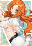  1girl bangs bleach bleach:_the_thousand-year_blood_war breasts brown_eyes cleavage cleavage_cutout clothing_cutout copyright_name cropped_shirt detached_sleeves facing_to_the_side foot_up from_side hair_ornament hairpin inoue_orihime karokuchitose large_breasts long_hair looking_at_viewer midriff open_mouth orange_hair parted_bangs shirt simple_background skirt sleeveless sleeveless_shirt solo striped striped_shirt white_footwear white_shirt white_skirt white_sleeves 