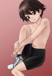  1girl ankle_socks bike_shorts black_shorts black_socks brown_eyes brown_hair closed_mouth commentary_request girls_und_panzer highres hugging_own_legs isobe_noriko knee_up looking_at_viewer navel red_background shoes short_hair shorts simple_background sitting smile sneakers socks solo topless white_footwear yoyokkun 