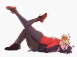  2boys black_hair blonde_hair blush brown_pants ezreal from_side grey_hair grin heart highres hug kayn_(league_of_legends) knees_up league_of_legends legs_up long_sleeves lying meme multiple_boys on_back pants red_sweater shoes short_hair simple_background sirludox smile squiggle sweater teeth white_background yaoi 