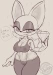  absurd_res anthro bat big_breasts big_ears bodily_fluids breasts camel_toe cleavage clothed clothing dialogue emerald_(gem) female gem gym_clothing hashcopyrice hi_res mammal monochrome nipple_outline rouge_the_bat sega short_stack sketch solo sonic_the_hedgehog_(series) sweat wide_hips 