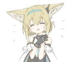  1girl animal_ears arknights bare_shoulders black_gloves blonde_hair blue_hairband blue_necktie blush braided_hair_rings cloak closed_eyes collar crossed_bangs earpiece facing_viewer fox_ears fox_girl gloves hairband hands_up happy_aura head_tilt infection_monitor_(arknights) necktie open_mouth shinagiku shirt sidelocks simple_background single_glove sleeveless sleeveless_shirt smile solo steepled_fingers suzuran_(arknights) upper_body white_background white_cloak 