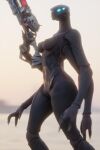  3d_(artwork) 4_arms alien anthro barely_visible_genitalia breasts digital_media_(artwork) female fingers genitals gun hi_res multi_arm multi_limb nude pickle_juice ranged_weapon solo weapon 