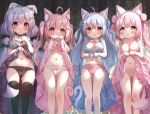  4girls ahoge animal_ear_fluff animal_ears babydoll black_babydoll black_panties black_thighhighs blue_babydoll blue_hair blue_ribbon blush bone_hair_ornament breasts cameltoe cat_ears cat_girl cat_tail closed_mouth dog_ears dog_girl dog_tail double_bun feet_out_of_frame fish_hair_ornament food-themed_hair_ornament green_eyes hair_bun hair_ornament hair_ribbon hairclip heterochromia highres large_breasts long_hair low_twintails multiple_girls navel original panties parted_lips pink_babydoll pink_eyes pink_hair pink_panties pink_ribbon red_eyes ribbon siera_(sieracitrus) standing strawberry_hair_ornament tail thighhighs twintails two_side_up underwear underwear_only white_panties white_thighhighs yellow_eyes 