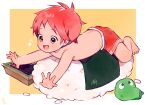  1boy child commentary english_commentary fish food food_focus male_child male_focus nemui_(nemuriyagi) open_mouth original personification red_hair red_shorts rice salmon shorts simple_background smile sushi symbol-only_commentary topless_male wasabi yellow_background 