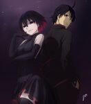  1boy 1girl \||/ ahoge araragi_koyomi arm_under_breasts arms_at_sides back-to-back backless_dress backless_outfit bangs bare_back bare_shoulders black_background black_bow black_bowtie black_dress black_eyes black_gloves black_hair black_jacket black_pants black_thighhighs bob_cut bow bowtie breasts colored_inner_hair commentary cowboy_shot dress dress_bow elbow_gloves empty_eyes english_commentary from_below gakuran gloves gradient_background hair_between_eyes halter_dress halterneck hand_on_own_elbow hand_to_own_mouth hands_in_pockets highres jacket light_frown light_particles light_smile looking_at_viewer looking_back looking_down medium_breasts monogatari_(series) multicolored_hair naoetsu_high_school_uniform oshino_ougi pants purple_background red_hair school_uniform shaded_face short_dress short_hair signature sleeveless sleeveless_dress smile spookyjamil standing thighhighs two-sided_fabric zettai_ryouiki 
