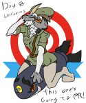  anthro black_and_white_fur clothing english_text female gesture hi_res kinktober military_uniform naysayingmongrel nuke orange_eyes pose pupils salute slit_pupils text the_nature_of_predators uniform venlil_(the_nature_of_predators) warhead 