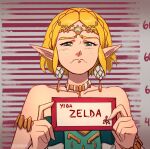  1girl armlet artist_name bare_shoulders blonde_hair blush braid caminukai character_name collarbone crown_braid dress earrings frown grey_background grey_eyes hands_up holding holding_sign jewelry necklace pointy_ears princess_zelda sad short_hair sign solo tears the_legend_of_zelda the_legend_of_zelda:_tears_of_the_kingdom 