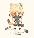  1boy 1other alhaitham_(genshin_impact) animal_ears animalization black_fur black_shorts blonde_hair book cat cat_boy cat_ears cat_tail chibi crumpled_paper dior&#039;s_bread feather_hair_ornament feathers genshin_impact hair_between_eyes hair_ornament kaveh_(genshin_impact) long_sleeves male_focus mehrak_(genshin_impact) multicolored_tail needle paper quill red_eyes shirt short_hair shorts tail white_shirt yarn yarn_ball yellow_tail 