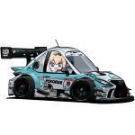  1girl absurdres blonde_hair blue_eyes car chibi from_side highres holeecrab kazama_iroha lexus lexus_rc_f logo looking_at_viewer motor_vehicle pokobee ponytail race_vehicle racecar radio_antenna simple_background smile spoiler_(automobile) sponsor super_gt tamiya_incorporated tom&#039;s_racing vehicle_focus white_background 