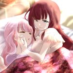  2girls assault_lily bare_shoulders bed blanket blue_eyes blunt_bangs blurry blurry_background breasts brown_hair closed_eyes closed_mouth day frilled_shirt frilled_sleeves frills hair_down hand_on_another&#039;s_cheek hand_on_another&#039;s_face hand_on_own_cheek hand_on_own_face hands_up head_rest hitotsuyanagi_yuri indoors kaede_johan_nouvel long_hair looking_at_another lying medium_breasts multiple_girls off-shoulder_shirt off_shoulder on_back on_bed on_side parted_lips pillow pink_hair purple_shirt shirt short_sleeves side-by-side sidelocks smile sparkle sunlight under_covers urutsu_sahari white_shirt yuri 