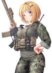  1girl absurdres assault_rifle blonde_hair breasts camouflage camouflage_pants chest_rig commission ellen_aice grey_shirt gun highres holding holding_gun holding_weapon m4_carbine military military_uniform muvluv pants purple_eyes rifle shirt skeb_commission smile solo uniform waruzamurai weapon white_background woodland_camouflage 