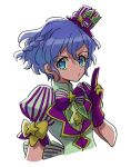  1girl blue_eyes blue_hair braid closed_mouth commentary_request dorothy_west finger_gun gloves hat jacket looking_at_viewer mini_hat mini_top_hat pretty_(series) pripara puffy_short_sleeves puffy_sleeves purple_gloves rituyama1 short_hair short_sleeves side_braid simple_background solo star_(symbol) top_hat upper_body white_background 