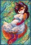  accessory anthro blush breasts canid canine clothed clothing dress eyes_closed female feroxdoon flower flower_in_hair fox gown grass hair hair_accessory hi_res love mammal maternal maternity_dress mother_(lore) nihilochannel nonbinary_(lore) parent_(lore) plant ponytail pregnant pregnant_female red_fox smile solo summer tree warm 