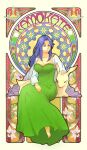  art_nouveau barefoot blue_eyes blue_hair border breasts character_request cleavage collarbone crown feathers flower forehead kanmuri_wo_motsu_kami_no_te light_smile lily_(flower) parted_bangs petting sheep white_border white_flower white_sleeves yokunaiiii 