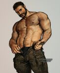  1boy abs arm_hair bara beard belt black_hair black_male_underwear brown_belt brown_pants bulge_peek call_of_duty call_of_duty:_modern_warfare_2 camouflage camouflage_pants captain_price chest_hair closed_mouth facial_hair grey_background hairy highres large_pectorals male_focus male_underwear male_underwear_peek mature_male muscular muscular_male mutton_chops navel navel_hair nipples open_belt open_pants pants pectorals short_hair simple_background solo topless_male umikochannart underwear 