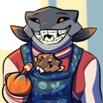  anthro baby baby_carrier black_sclera braces clothing dunkleosteus female fish jacket kleo_devonshire_(million_years_academy) looking_at_viewer low_res marine mother mother_and_child parent parent_and_child rattle sharp_teeth smile solo son teeth topwear wildcardshuffle young 