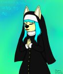  absurd_res anthro black_clothing blue_hair breasts canid canine canis clothing dialogue ears_through_headwear eyes_closed female fur hair hands_together headgear headwear hi_res mammal medium_breasts nun nun_outfit reena-dreamer reena_dreamer simple_background simple_eyes smile solo talking_to_viewer visible_nipples watermark wolf yellow_body yellow_fur 