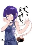  1girl apron audio_jack blue_apron blush boku_no_hero_academia candy chocolate chocolate_on_face collarbone eyelashes food food_on_face heart heart-shaped_chocolate highres jirou_kyouka kiwa_(pokemonwars) long_earlobes purple_hair shirt short_hair solo tongue tongue_out translation_request upper_body valentine white_background white_shirt 