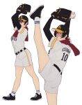  1girl ball baseball baseball_cap baseball_mitt black_eyes black_hair breasts commentary hanpetos hat highres holding holding_ball medium_breasts mikasa_ackerman red_scarf scarf shaded_face shingeki_no_kyojin shoes short_hair sneakers socks standing standing_on_one_leg white_socks 